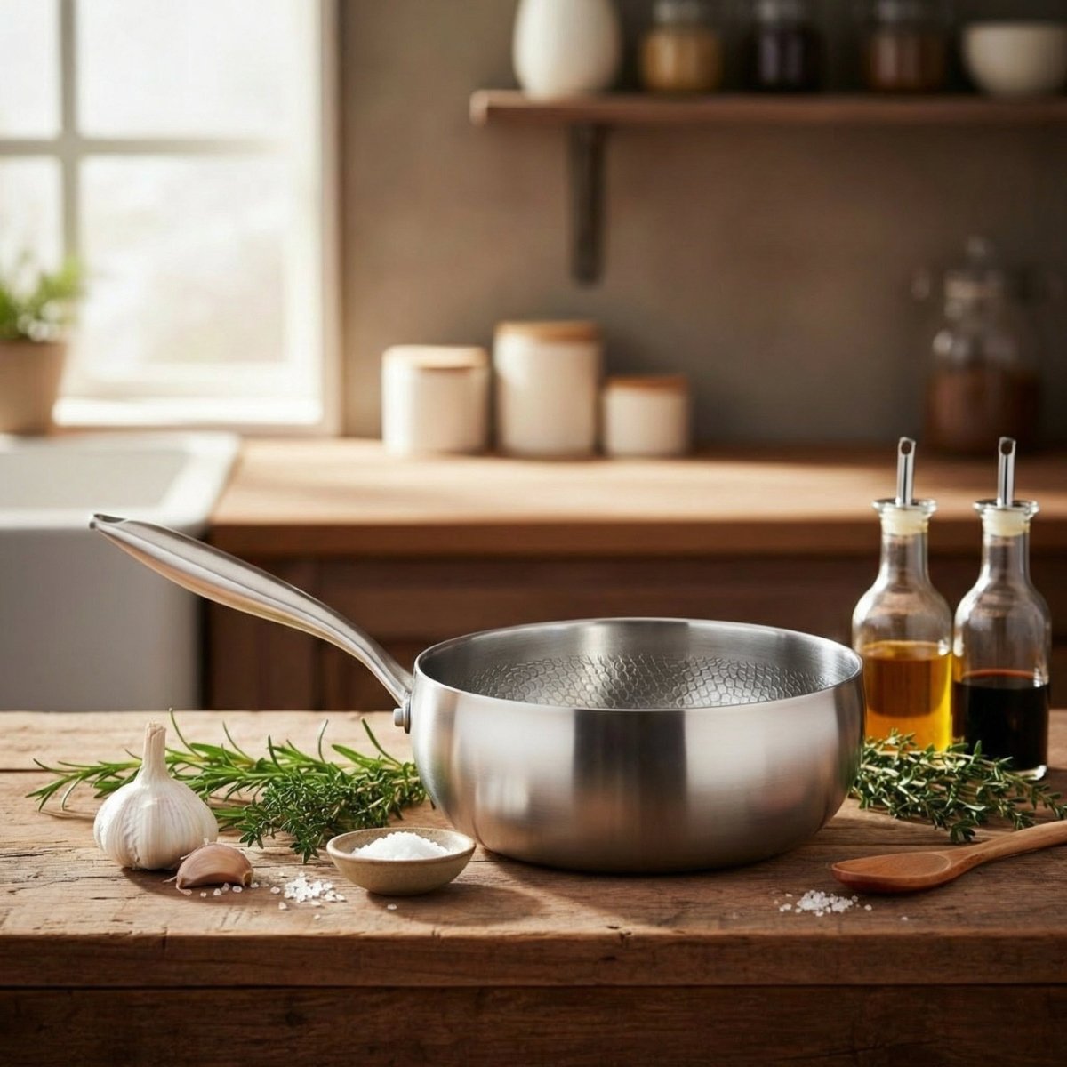 Håndhamret sautépanne i titan